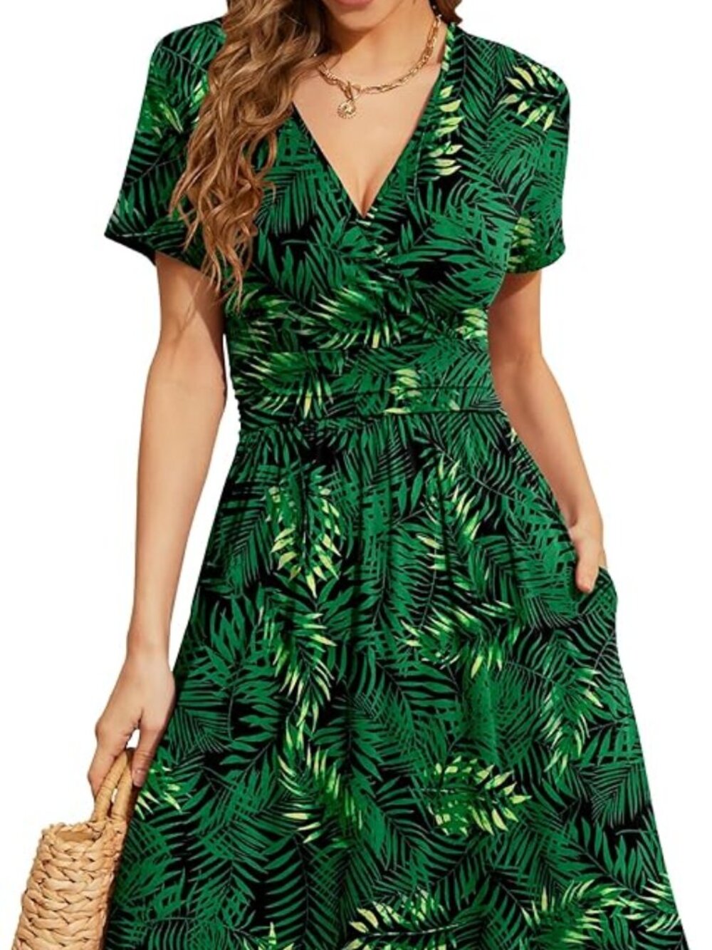 WEACZZY Short Sleeve Green Fern Print V-Neck Dress W/Pockets SZ 3X